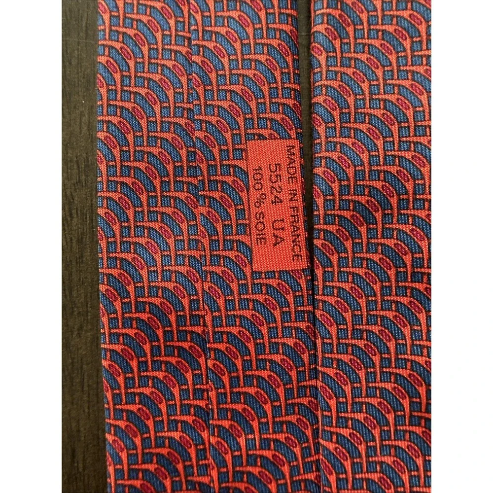 Hermès Blue Orange Geometric 100% Silk Men's Designer Woven Tie Logo Accent